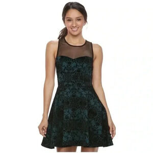 Trixxi Sleeveless Sz L Floral Velvet Black‎ Teal Mesh Above Dress Artsy Fairy